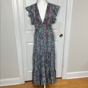 Paani Wrap Maxi Dress Size Medium V Neck Ruffle Cap Sleeve Tiered Teal Gold